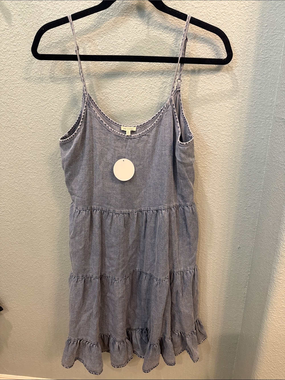 En Creme Chambray Tiered Spaghetti-Strap Sundress Large NWT
